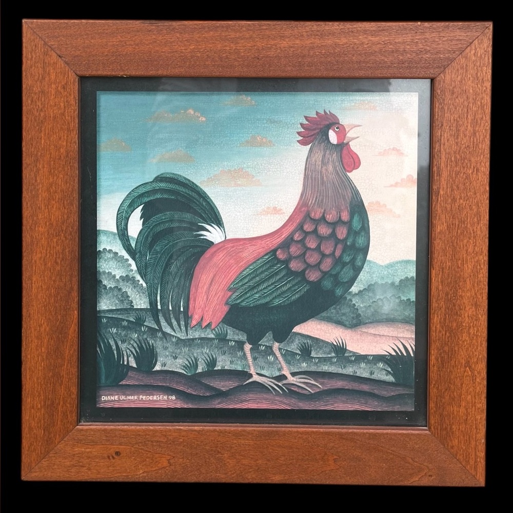 Diane Ulmer Pedersen 98 Rooster Print Wooden Frame